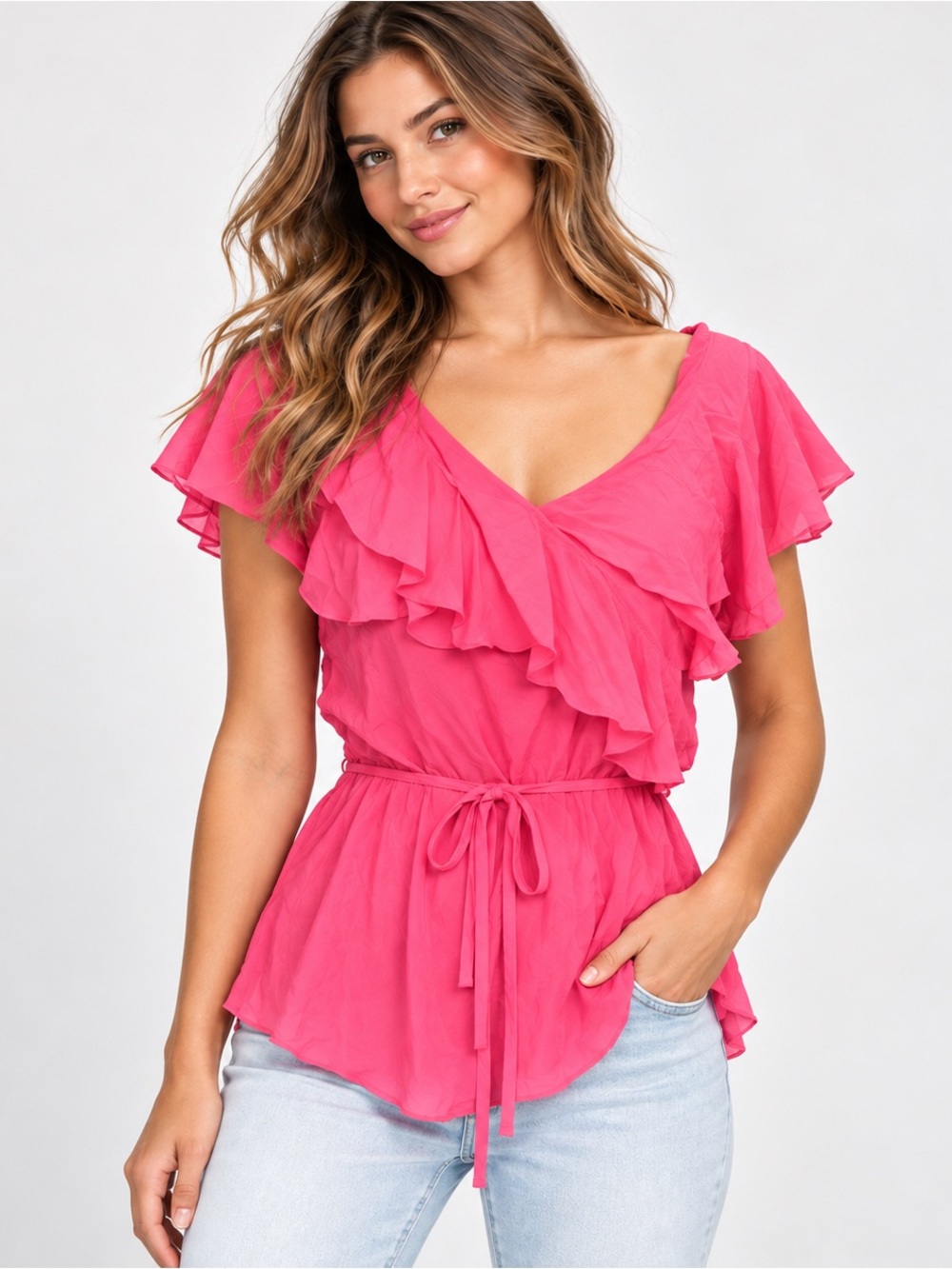 ANA Hot Pink Ruffle Front Tie Waist flutter sleeve Blouse coquette